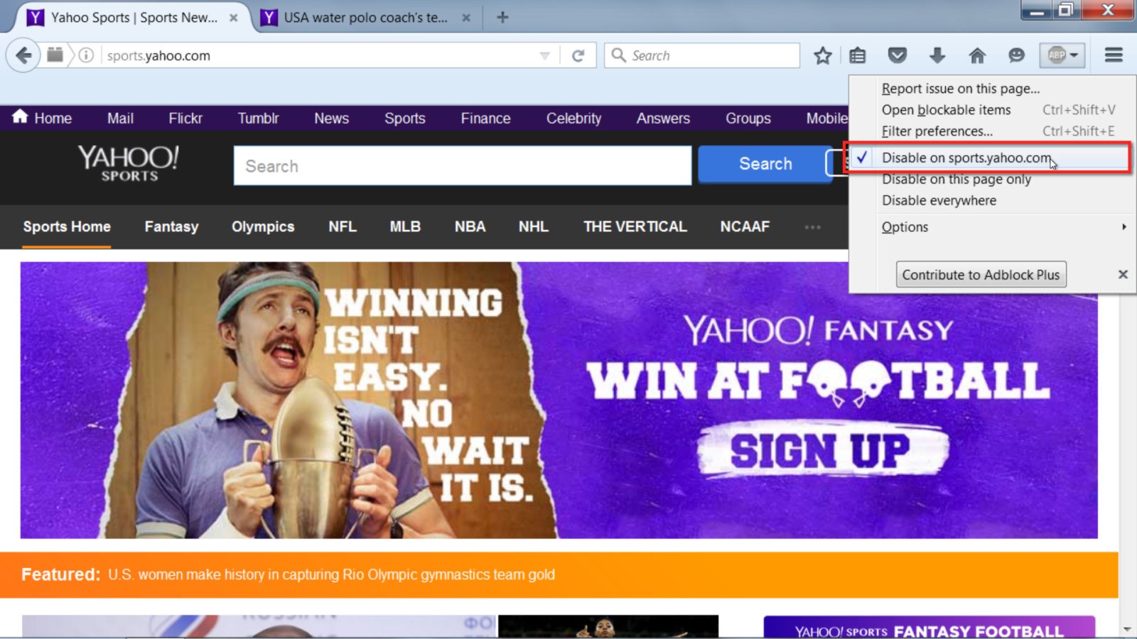 The Yahoo.com Sports page with ads