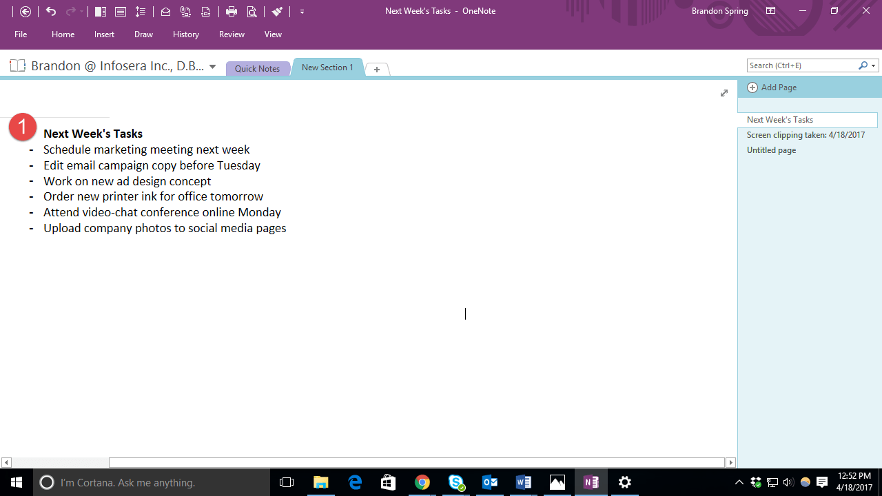 List of tasks in OneNote