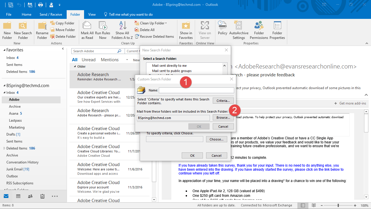 The Custom Search Folder creation window